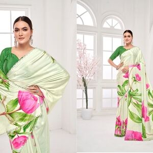 Elegant Floral Saree in Teal and White